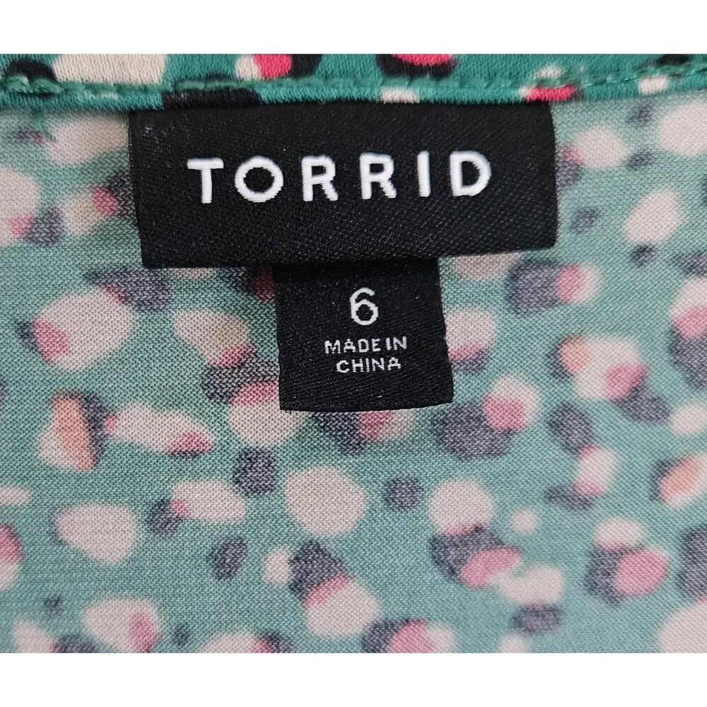 TORRID 6 Women's 30 Dress Midi V-Neck Green Pink Black Dots Faux Wrap Jersey